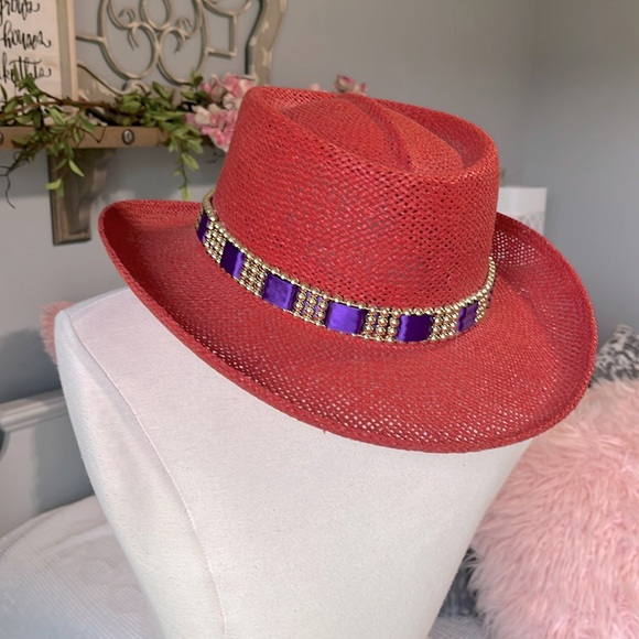 Something Special Red Straw Hat Sun Beaded Gold Purple Womens - Picture 4 of 10